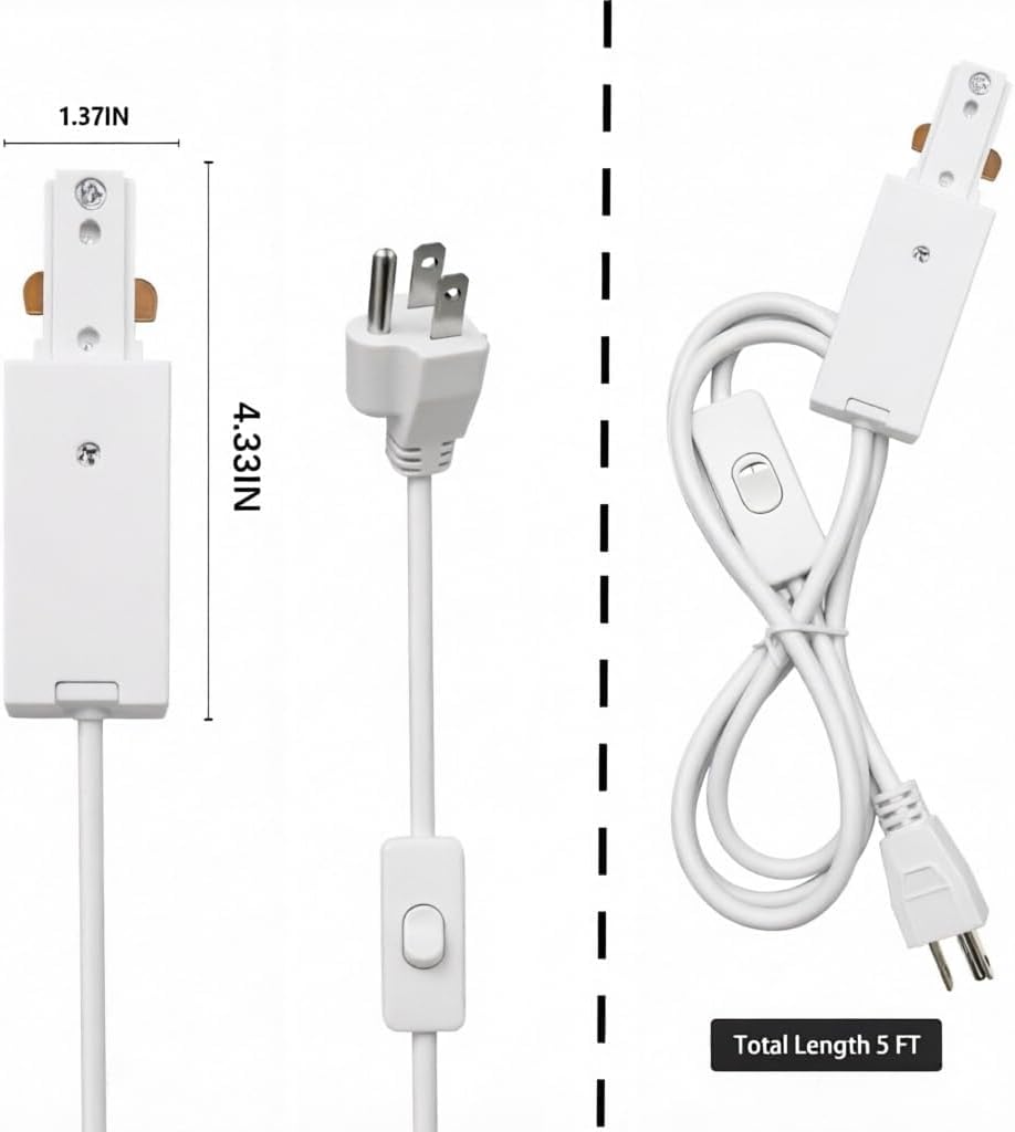 White H Track Live End Feed Connector 5FT Cord | Track Lighting Power Feed Cord Plug For H Type Single Circuit 3-Wire-1 Track System Lighting Fixtures