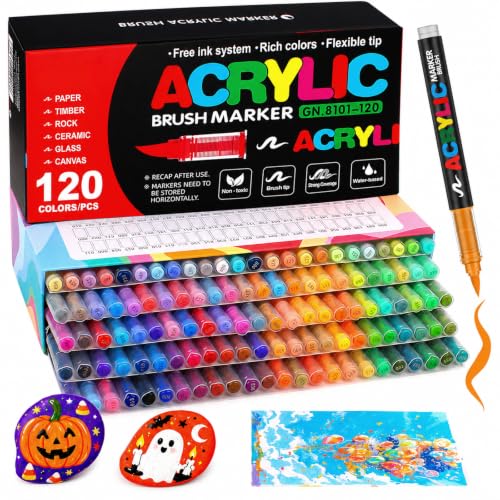 Efimeso 120 Couleurs Feutre Acrylique, Marqueur Peinture Acrylique à Pinceau à Base D'eau, Acrylic Paint Marker pour Roche, Toile, Bois, Pierre, Céramique, Verre, Tissu