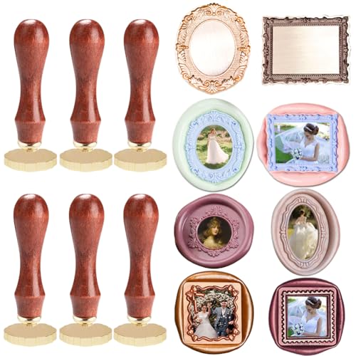 WUERLIN 6pcs Frame Wax Seal Stamp Kit Brass Wax Seal Head with 6pcs Removable Wood Handle Vintage Photo Frame Stamp Design for Wedding Invitations Sealing Letters Envelopes Diplomas Scrapbooking-Kit 2