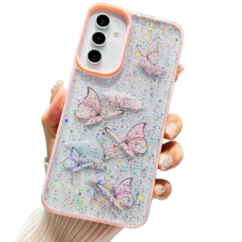 Image of VONZEE for Samsung Galaxy S25 Plus 5G Clear Glitter Butterfly Case, Cute Bling Sparkle Shiny Soft Silicone TPU Bumper Shockproof Women Girls Slim Protective Phone Cover for Galaxy S25 Plus 5G, Pink