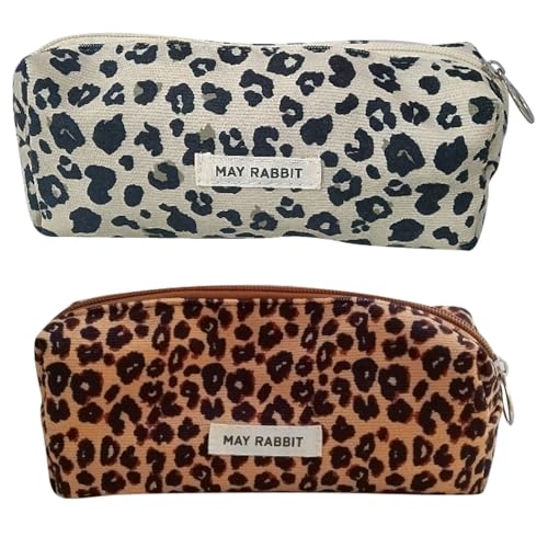 MLPKOI 2 Pcs Trousse à Crayons en Velours Côtelé, Trousse Scolaire Grande Capacité, Pencil Case avec Fermeture Eclair, Motif Léopard Sac de Rangement pour...