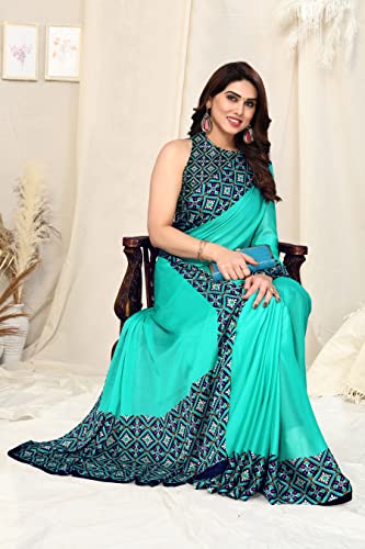 Image of MIRCHI FASHION Saree for Woman Chiffon Georgette Polka Dot Border | Plain Lightweight Women's Sari with Printed Pallu and Blouse Piece