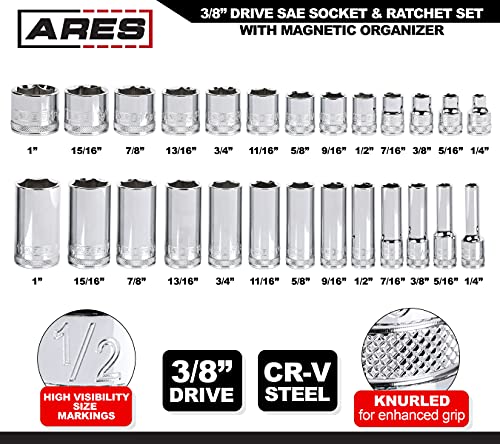 image for ARES 47007-28-Piece 3/8-inch Drive SAE Socket and 90-Tooth Ratchet Set