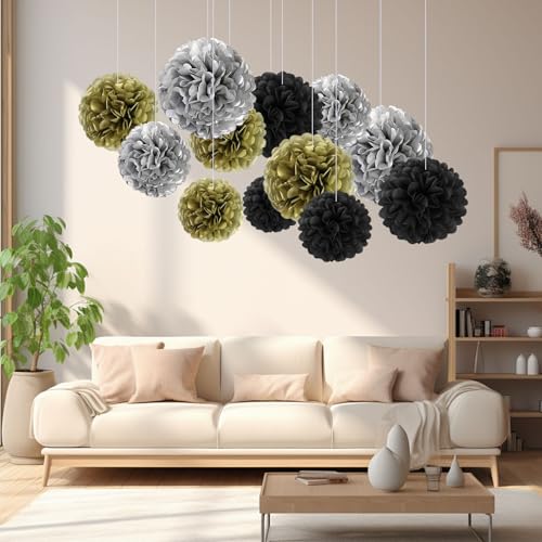 Image of 18 PCS Tissue Paper Pom Poms, Tissue Pom Poms Flowers, Sizes of 6 inch, 10 inch, 12 inch, 14 inch Hanging Paper Flower Ball for Wedding, Birthday, Halloween, Christmas, New Years Party Decor (Black Gold Silver)