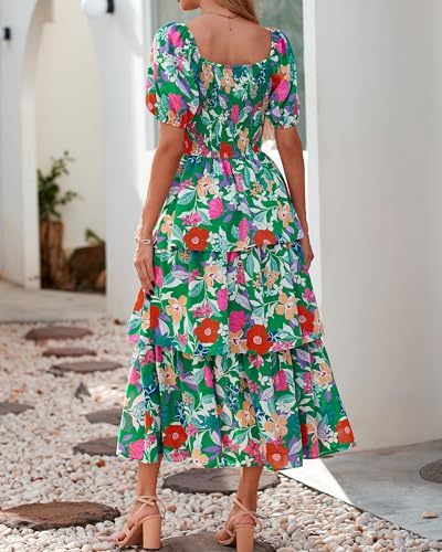 Image of BTFBM Womens Floral Smocked Summer Maxi Dresses | Square Neck Puff Short Sleeve Ruffle Tiered, 2026 Trendy Casual Sundress, Cruise Holiday Beach Vacation Wedding Guest Dress