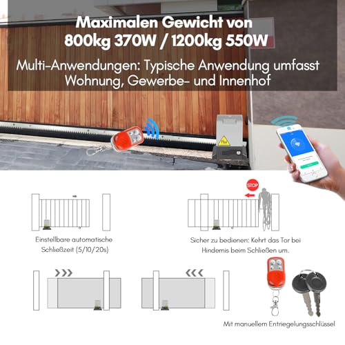Miniatura 2 de Hebitod Motor Puerta Corredera 550w 1200kg Motor Para Puerta Corredera Smart Wifi Accionamiento Eléctrico De Puerta Con 4m Cremallera, 2 Mandos De Garaje, Kit Motor Puerta Batiente