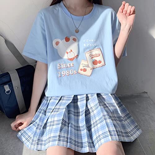 Image of Japanese Harajuku Style Kawaii Pastel Goth Fashion Crewneck Cartoon Little Bear with Cookies Print T-Shirt XL Blue