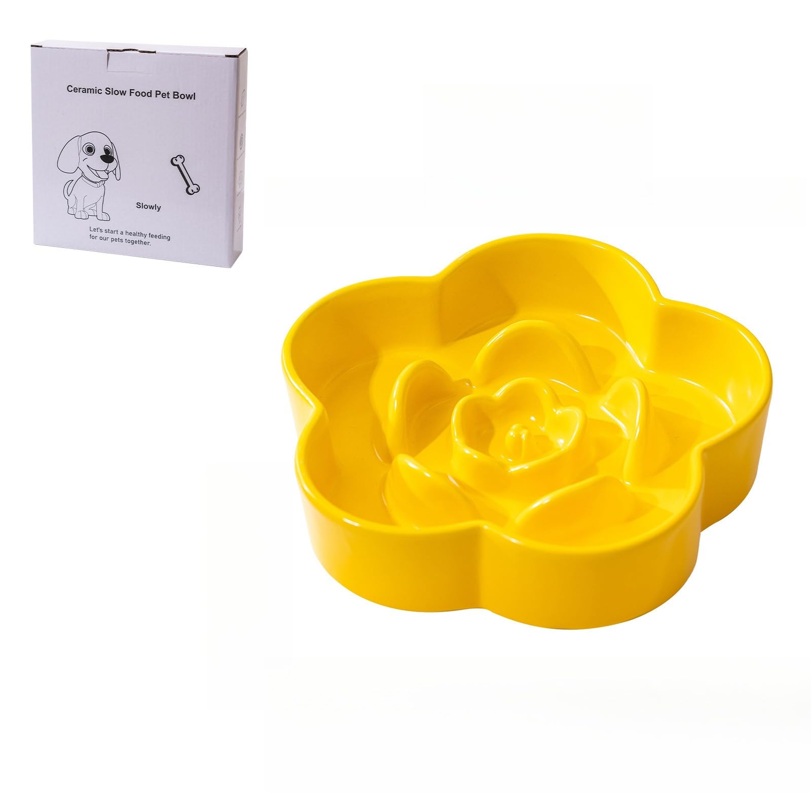Raised Ceramic Pet Slow Feeder Bowl, Flower-Shaped Whisker Friendly Dog Bowl,easy to clean,Anti Vomiting Pet Bowl for Dogs and Cats,pink (Yellow, Only bowl L(20 * 4.5cm))