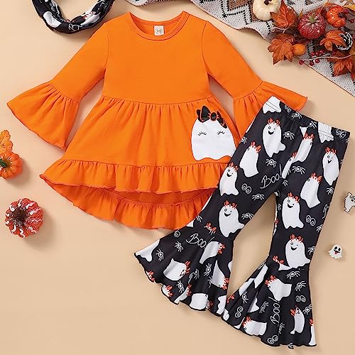 Kayotuas Toddler Baby Girl Halloween Outfit Ghost Ruffle Long Sleeve Shirt Tops + Striped Bell Bottoms Pants Set2
