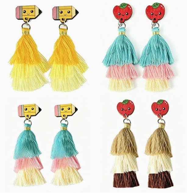Cute Pencil and Apple Stud Tassel Earrings - Tops with Layered Fringe, Wooden Kawaii Dangles for Educators & Campus Wear image 3