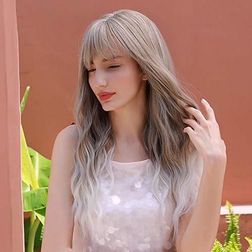 Long Curly Wig for Women Ombre Long Wavy Wigs with Bangs Synthetic Replacement Wig Heat Resistant Natural Looking for Daily Party Cosplay (Ombre Grey Mix Blonde)