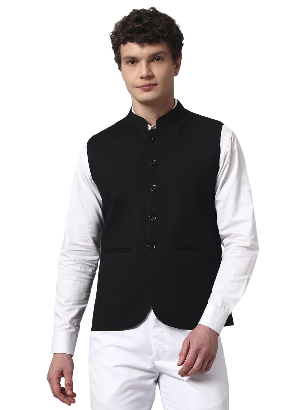 Men’s Cotton Blend Nehru Jacket | Slim Fit Self Design Woven Modi Jacket with Mandarin Collar & 3 Pockets-image-2