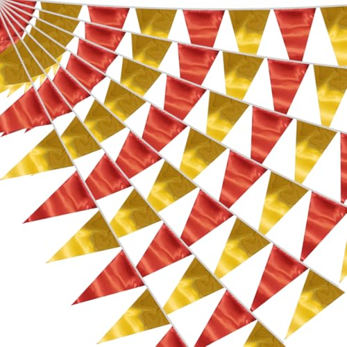Image of 40M /130FT Red Gold Triangle Pennant Banner Flag Metallic Fabric Bunting Garland for Christmas Graduation Anniversary Birthday Engagement Wedding Anniversary Casino Party Decorations Supplies