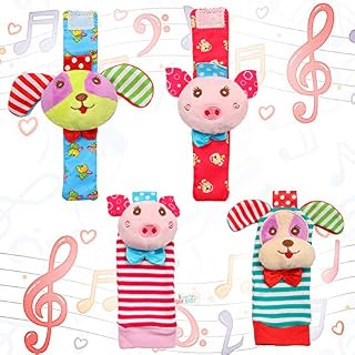 Acekid Baby Foot Rattle,4pcs Wrist Rattle and Socks Toys Set Toddler Soft Animal Toys Pig and Dog