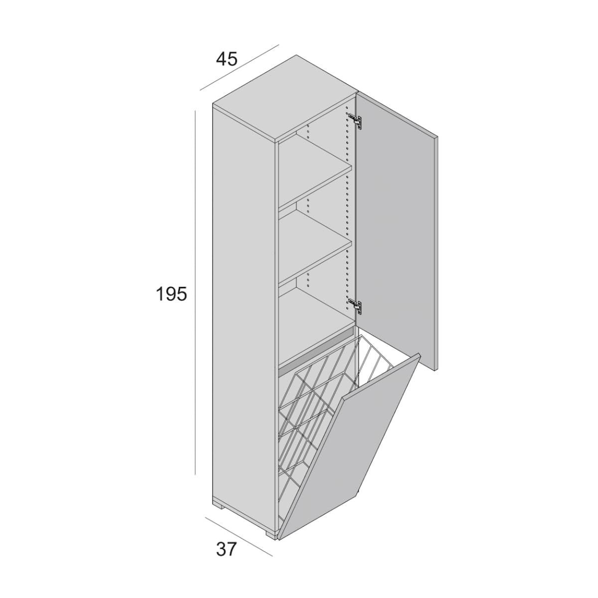 Trentiner Mobile multiuso bianco con ripiani interni e cestello portabiancheria 195x45x37 cm
