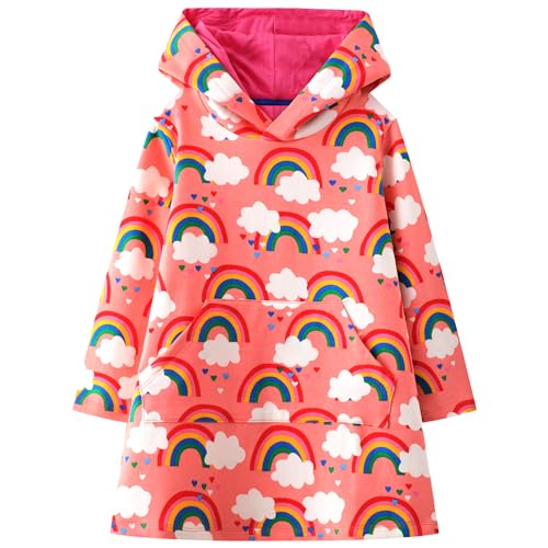 Baogaier Niñas Sudadera con Capucha Algodón Vestidos Mangas Largas Arco-Iris Rosa Pullover Tops Túnica Suéter Casual Primavera Otoño Invierno Hoodie Ropa para Niña 3 4 años