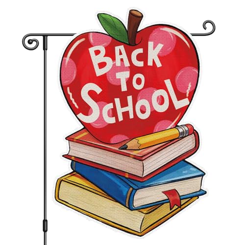 Heyfibro Back to School Garden Flag Banner 12.6x18.9 Inch Double Sided Apple Design with Books First Day of School Yard Flag for Classroom Teacher Appreciation School Decor