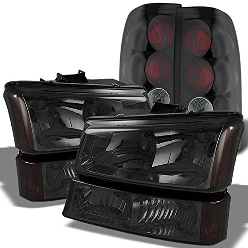 AKKON - For 03-06 Chevy Silverado Smoked Headlights Front Lamps + Bumper Signal Light + Black Smoked Tail Lights Combo