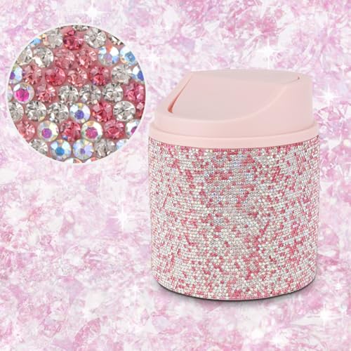 Image of KEYPOWER Bling Rhinestone Mini Plastic Trash Can Cute Small Waste Can with Swing Lid,Suitable for Home Countertop,Car,Table Desk,Office (Pink)