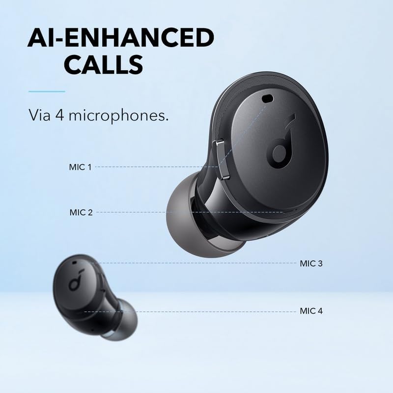 Diagram showing the four microphones on the Soundcore Life Dot 3i earbud for AI-enhanced calls