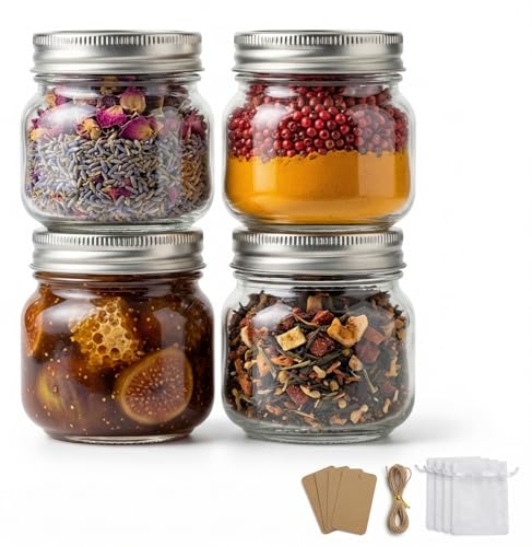8 oz Mason Jars with Airtight Silver Lids - 4 Pack Small Glass Jars - Thickened Wide Mouth Canning Jars for Spell Jars Candle Making Premium Spices & Bathroom Vanity Decor