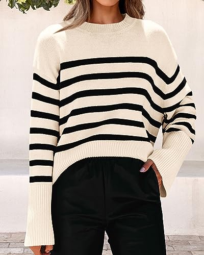 KIRUNDO Women's Striped Knit Oversized Fall Sweaters 2025 Trendy Clothes Crewneck Winter Pullover Sweater Side Split4