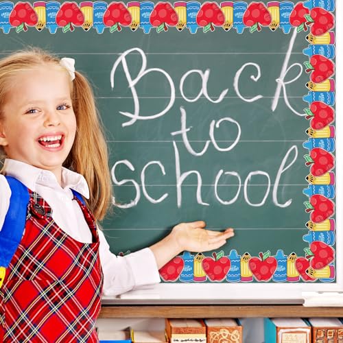 Image of Whaline Back to School Bulletin Board Border Pencil Apples Crayon Die Cut Trim Border Roll for First Day of School Home Party Supplies