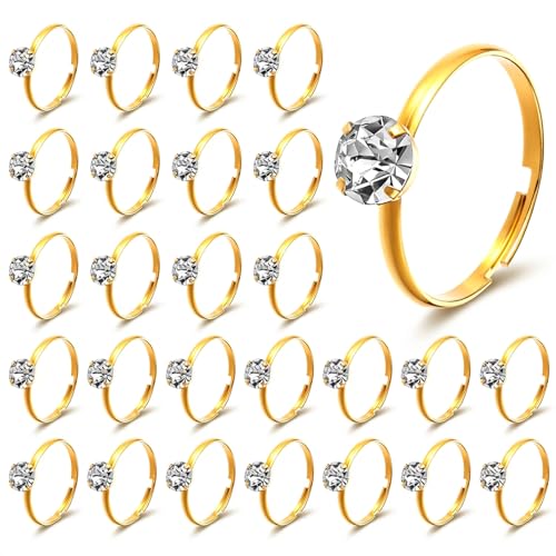 QfwdfcTrenz 50 Pack Gold Diamond Engagement Rings, Adjustable Bridal Shower Game Ring Fake Wedding Rings for Wedding Table Decorations, Party Favors, Cupcake Toppers