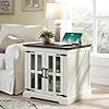 Farmhouse end table with charging station24 large sofa side table with glass barn door rustic wood nightstand bedside table with adjustable storage shelf for living room bedroomwhite  urban country home decor