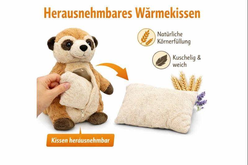 Habibi Premium MIDI – Wärmestofftier Erdmännchen • Wärmekissen mit herausnehmbarem Körnerkissen • Für Mikrowelle • Kuscheltier für Baby & Kind