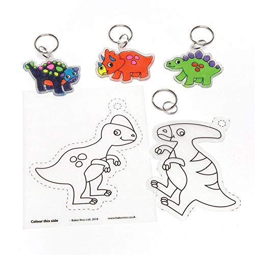 Baker Ross Porte-clés dinosaures en plastique rétrécissant (lot de 8) - Papier rétrécissant blanc avec motifs dinosaures que les enfants pourront décorer.