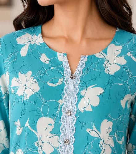 Image of ZAYRON Women's Rayon Printed Straight Kurti for Women | Round Neck with V-Cut | 3 /4 Sleeve | Casual Ethnic Wear Kurta