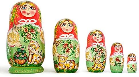 BestPysanky Set of 5 Girls with Cats Wooden Nesting Dolls 6.5 Inches