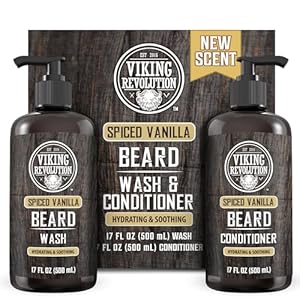 Viking Revolution Beard Wash and Beard Conditioner for Men with Argan Oil and Jojoba Oil – Beard Softener and Strengthener Beard Care Beard Shampoo and Conditioner with Beard Oil (17oz Spiced Vanilla)
