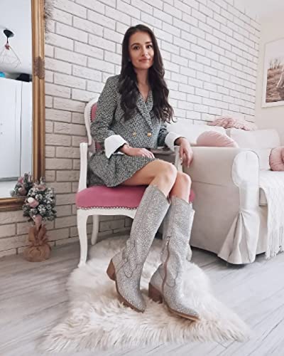 Richealnana Knee High Boots for Women Sparkle Rhinestones Clear Gems Calf High Shining Pull-On Boots4