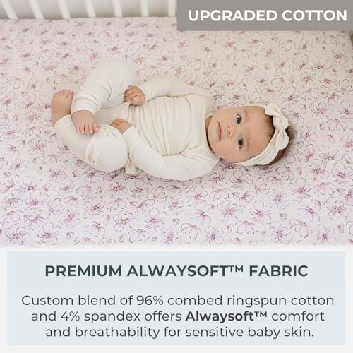 Image of Pobibaby 2 Pack Fitted Crib Sheets for Girls - Premium Cotton Blend Baby Crib Sheet Set, Soft Breathable Pink Floral Toddler Bed Sheets for Standard Mattress, Girl Nursery Bedding 52x28 (Blossom)