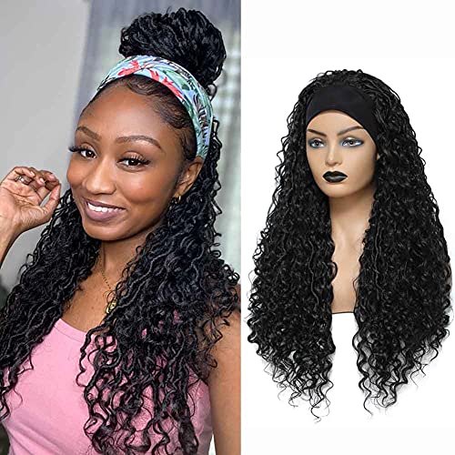 SOKU Twist Braided Headband Wig 24" Synthetic Fully Handmade Natural Black Dread Braids Faux Locs Long Braided Headband Wig for Black Women Bouncy and full Braids