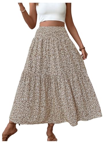 Verdusa Women's Floral Print Tiered Layered Long Skirt A Line Flowy Skirt