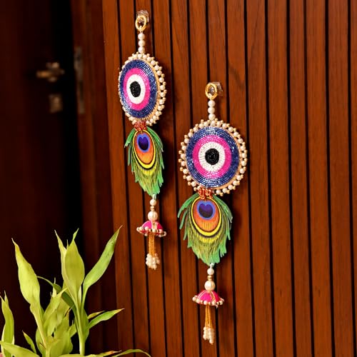 Image of CraftVatika Diwali Decor Items, Evil Eye Shubh Labh Hanging Latkan Toran for Wall Door, Diwali Decoration for Home, Wall Hanging for Home Decoration, (29 CM Height) (2 Pieces)