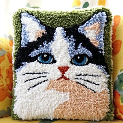 Canevas latch hook kit chat avec toile imprimée pour créer une housse de coussin DIY
