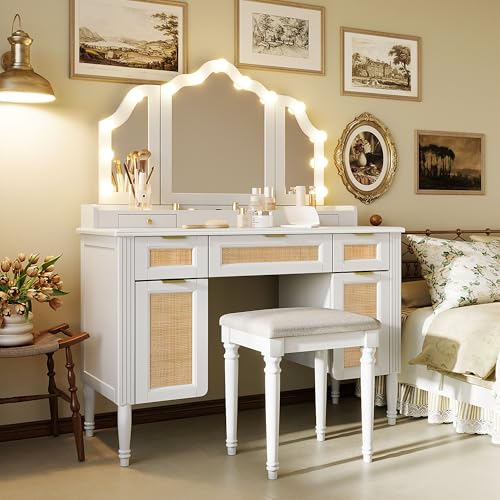 Image of JIVOIT 44.37 inch Makeup Vanity Desk with Tri-Fold Mirror, Large Vanity Table with 5 Drawers and Shelves and 2 Cabinets, Dressing Table, Easy Assembly