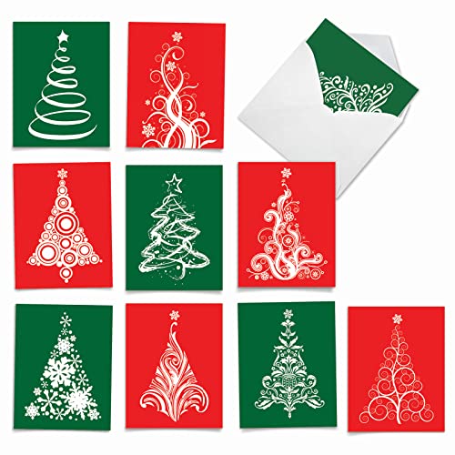Image of The Best Card Company - 10 Blank Christmas Note Cards with Envelopes for Men and Women (4 x 5.12 Inch) - Fun Assorted Holiday Notecard Set - Fanciful Firs M3270