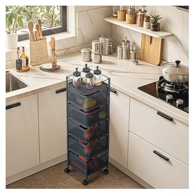 5 Tier Rolling Utility Cart, Storage Cart On Wheels- 360 ¡ã Rotatable, for Vegetable Fruit Snack Makeup Store, for Kitchen Bathroom Pantry(Black)-mlypuy4x