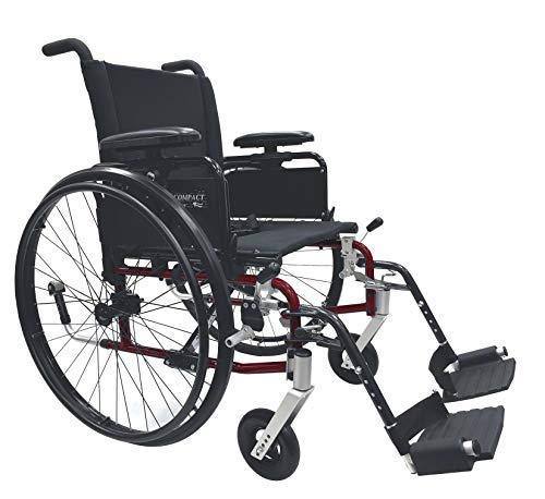 Tuffcare High Strength Lightweight Wheelchair - Compact Series Ultra Light K0005 - Swing Back Adjustable Height Arms with detachable Footrests (Burgundy Red, 18