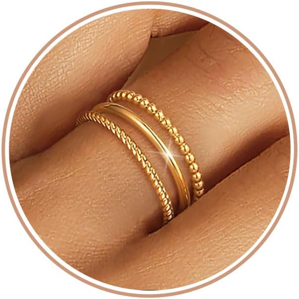 Non-Tarnish 14K Gold Plated Stackable Rings for Women - 1.3mm Thin Dainty Set, Thumb Pinky Wedding Promise Bands, Sizes 6-11