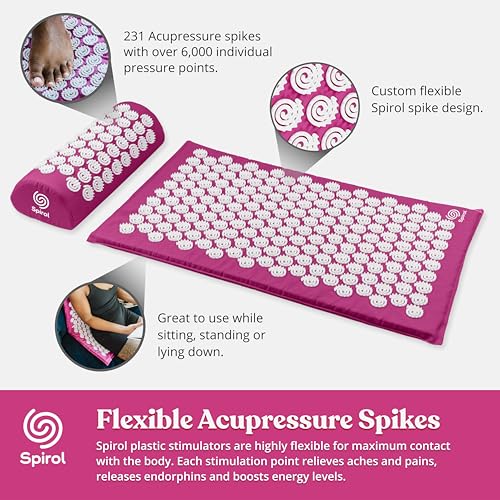 Spirol Acupressure Mat and Pillow Set for Back, Neck and Shoulder Pain Relief, with Flexible Acupressure Spikes, Includes Carry Bag (Amethyst) - Thumbnail 3