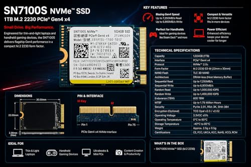 Image of 1TB M.2 NVMe SSD 7100S (OEM) Compatible with SANDISK [Key Specs: M-Key | Form Factor 2230 | PCIe Gen 4 x 4 | Read & Write Speed Up to 7250MB /s & 6900MB /s | 3D QLC NAND] | 1 Year Seller Warranty