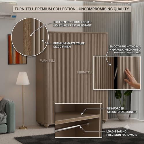 Image of 3 Door Wardrobe Almirah for Bedroom, 72 Inch | Premium HDHMR Wooden Cupboard with Hanging Rod & Storage Compartments | Fluted Push-to-Open Clothes Organizer Cabinet | Taupe Finish