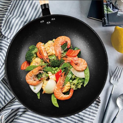 Fuchooky Leichter Wok aus Gusseisen, 3-teilige Bratpfanne, Eisentopf, Holzhand, antihaftbeschichtet, zum Rühren, Braten, Suppentopf, Kochgeschirr für die Küche