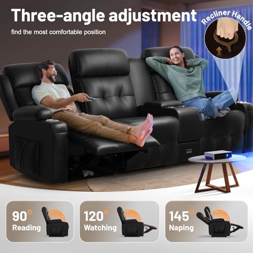 Image of Recliner Sofa Set, Home Theater Seating with Massage, Loveseat Recliner Couch and Recliner Single Chair with USB, Wall Hugger Reclining Movie Theater Chair with Cup Holders, Drawer for Gaming Room